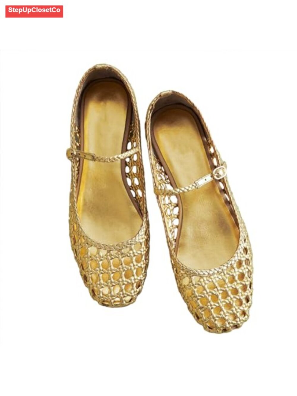 Woven Mesh Ballet Flats with Metal Buckle Strap Round Toe